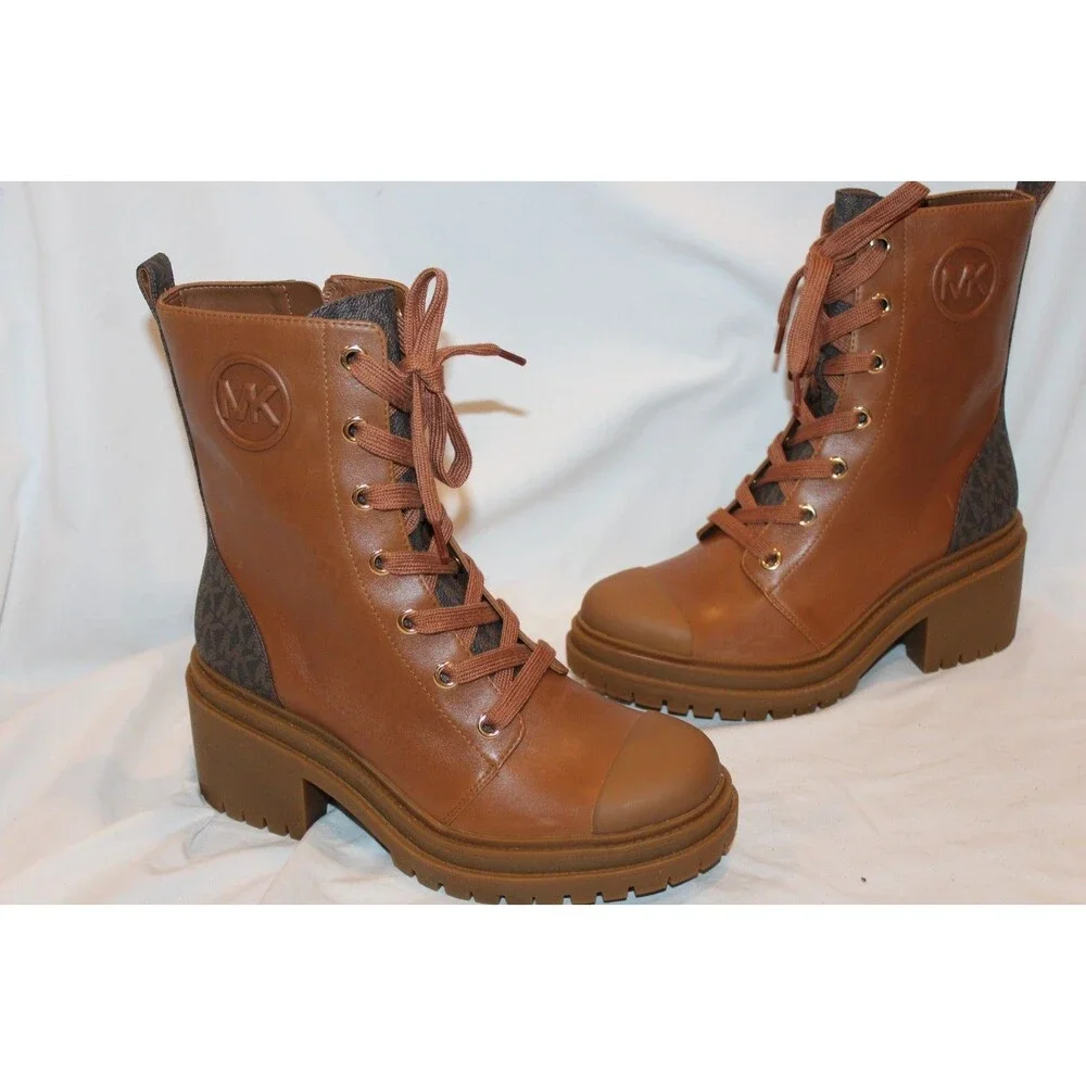 Michael Kors Women's Hanley Charm Lace Up Combat Bootie Luggage Brown NIB SZ 8.5